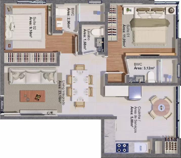 Planta do apartamento de 64.15m² do Sardenha Residenziale