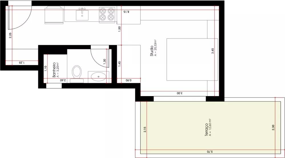 Planta do apartamento de 23,36m² d Smart 1 Trindade