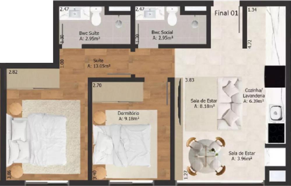 Planta do apartamento de 60m² do Marrocos Residence