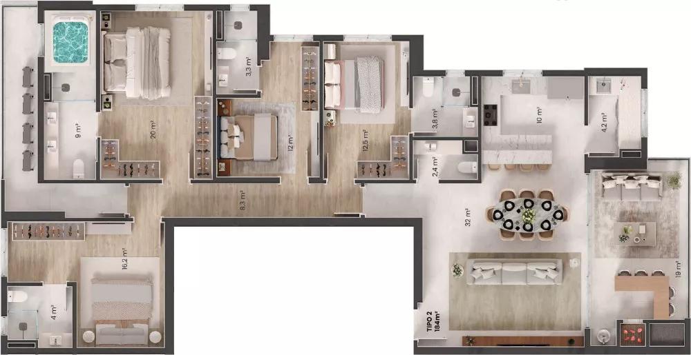 Planta do apartamento de 184m² do Le Jardin