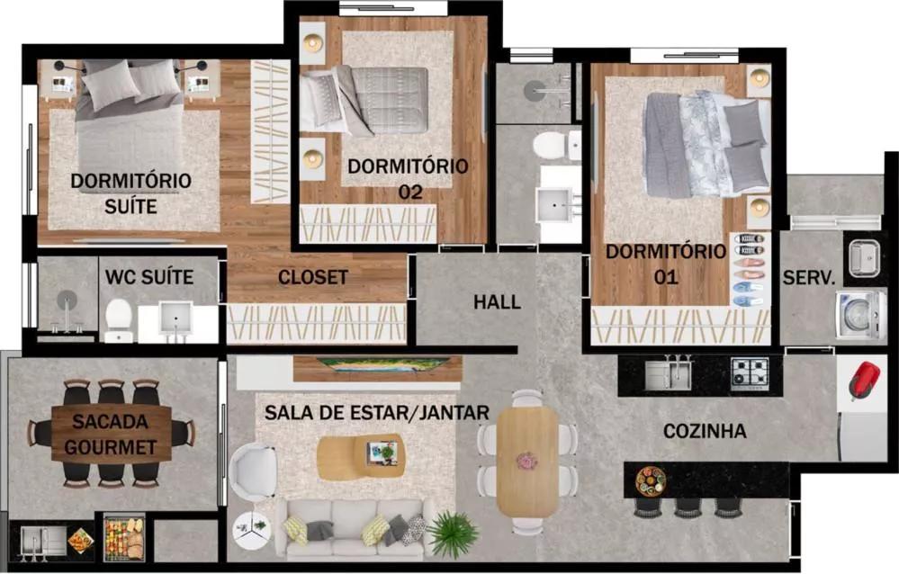 Planta do Apartamento de 84m² do Oak