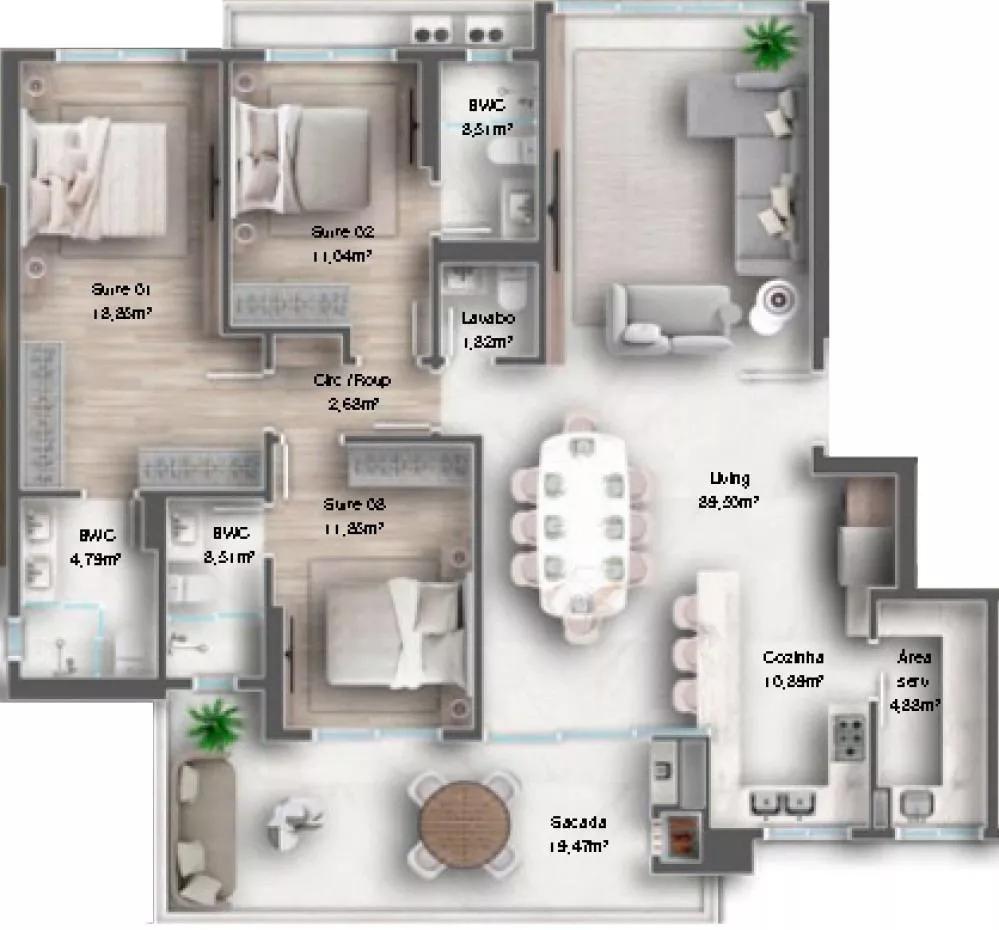 Planta do apartamento de 156m² do Domo 130