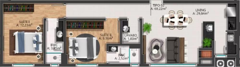 Planta do apartamento de 68m² do Evidence Residencial