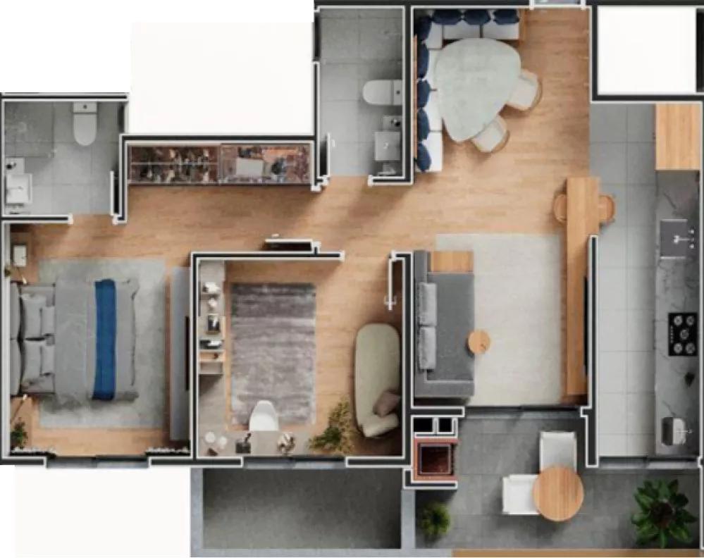 Planta do apartamento de 71m² do Hills 505