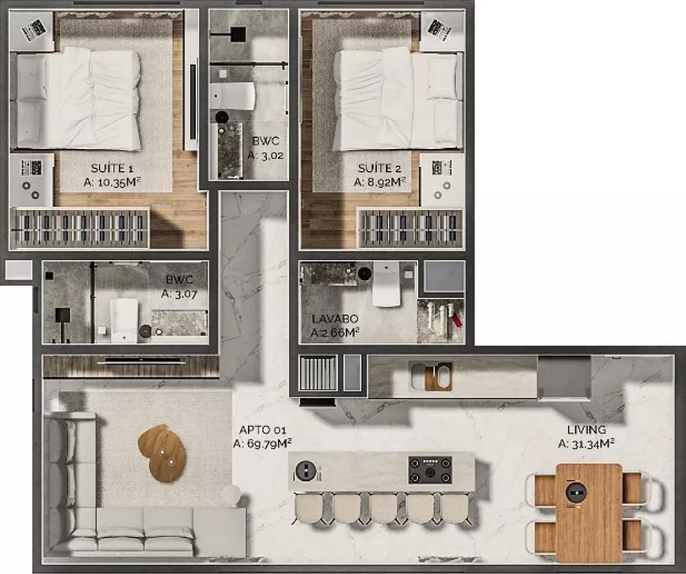 Planta de 69m² do Botanic Residence