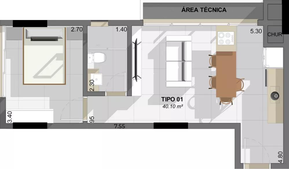 Planta do Apartamento de 40,10m² do Dublin Flats