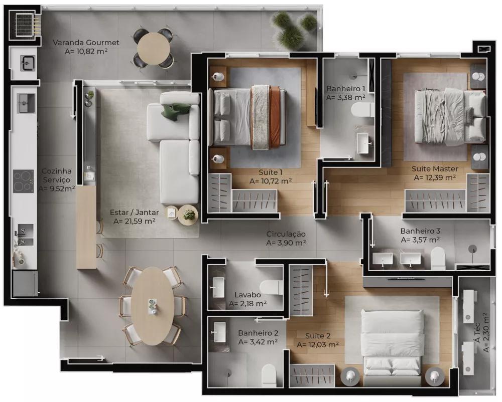 Planta do apartamento de 112m² do Volo Riviera