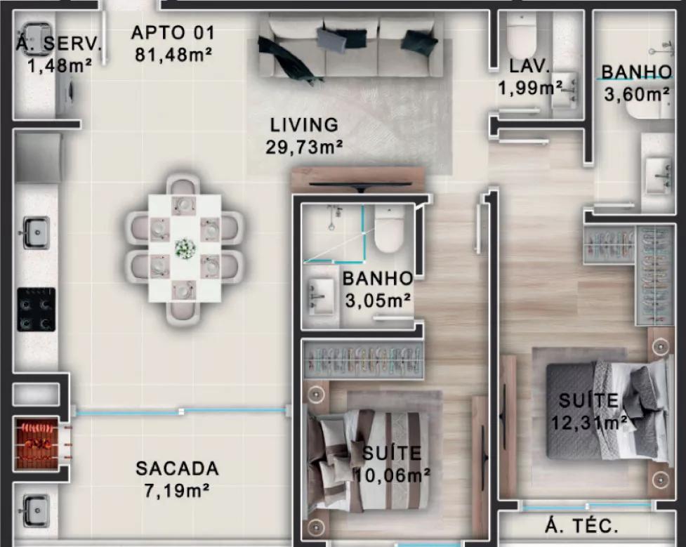 Planta de 81m² do Bombas Home Club