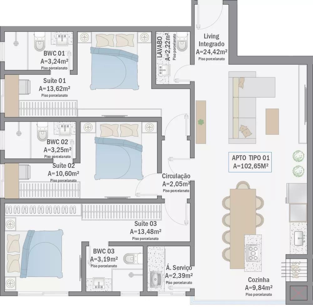 Planta do apartamento de 102m² do Bali Home Club