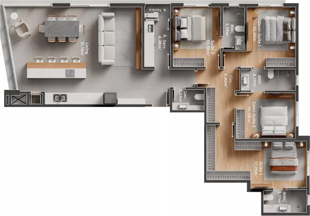 Planta do apartamento de 146m² do Gran Paradiso