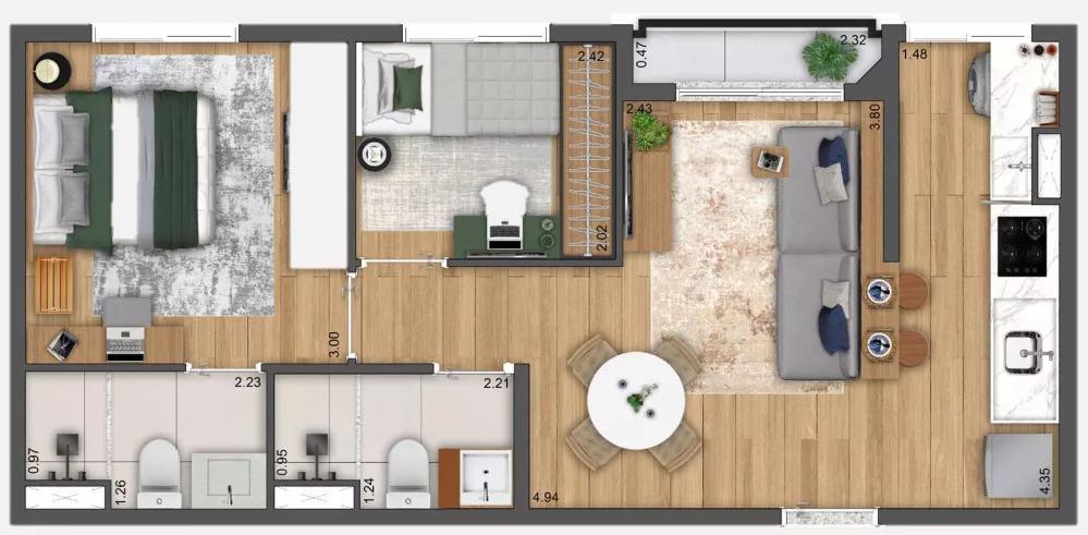 Planta do apartamento de 45,25m² do Next Residence