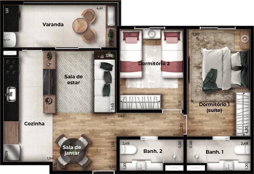 Planta do apartamento de 62m² do Best View Residence