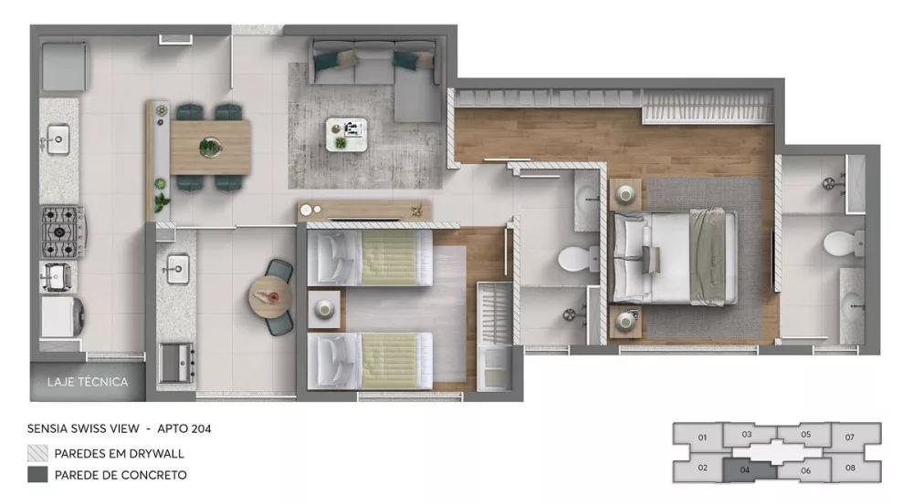 Planta do apartamento de 61m² do Sensia Swiss View