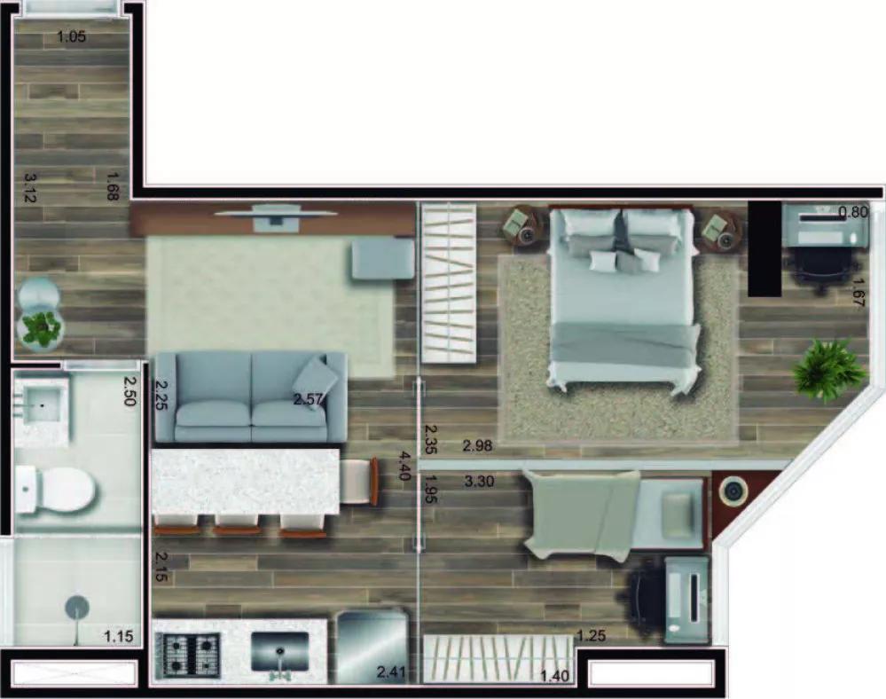 Planta do apartamento de 34m² do Blue House