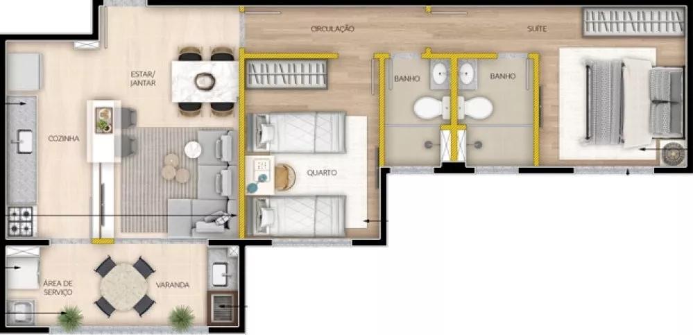 Planta do Apartamento de 64m² do Sensia Parque Prado