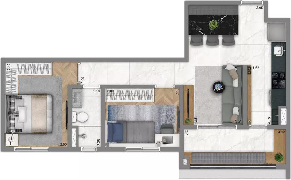 Planta do apartamento de 55m²  do Living Blend