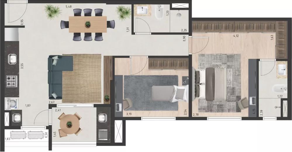 Planta do apartamento de 67,10m² do Eco Vila Primavera