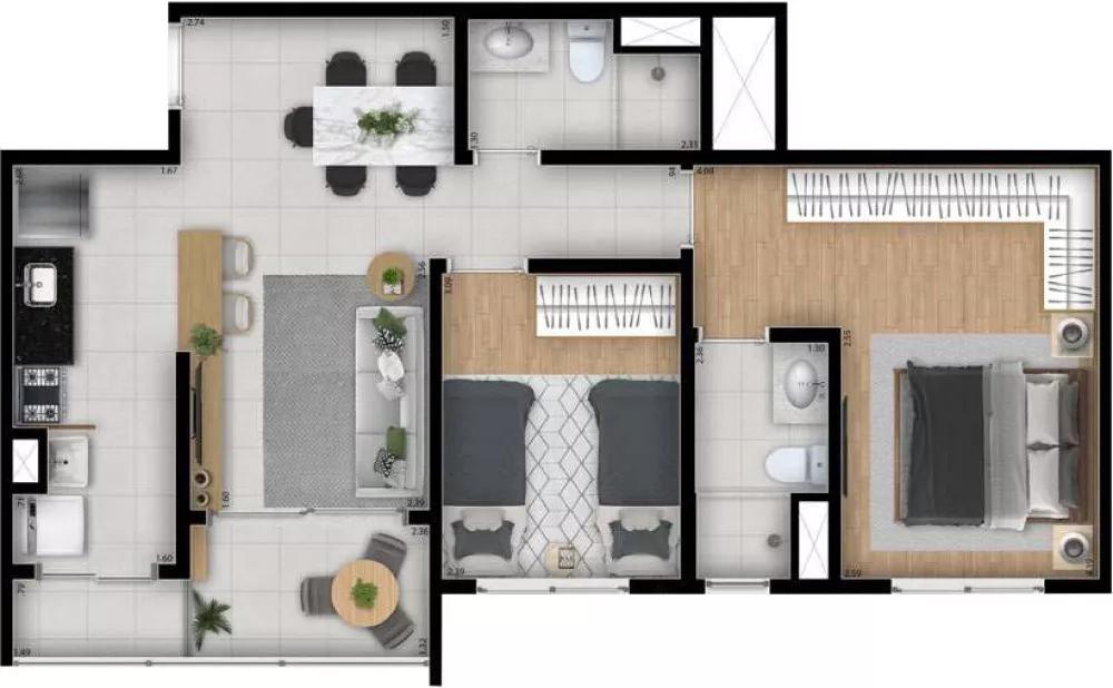 Planta do apartamento de 61m² do Oben