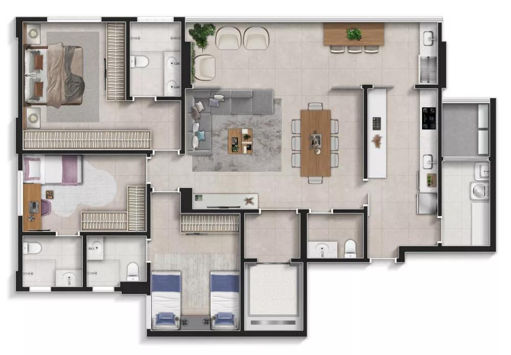 Planta do apartamento de 143m² do Europark El Retiro