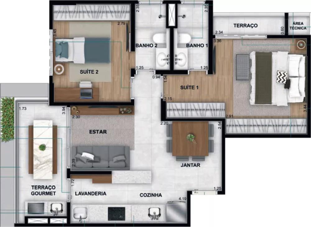 Planta do apartamento de 72m² do Garden Sousas