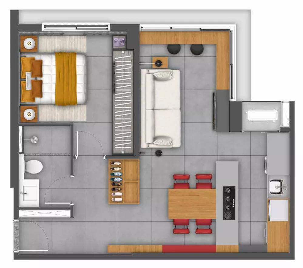 Planta do apartamento de 43,79m² do Hub Cambui