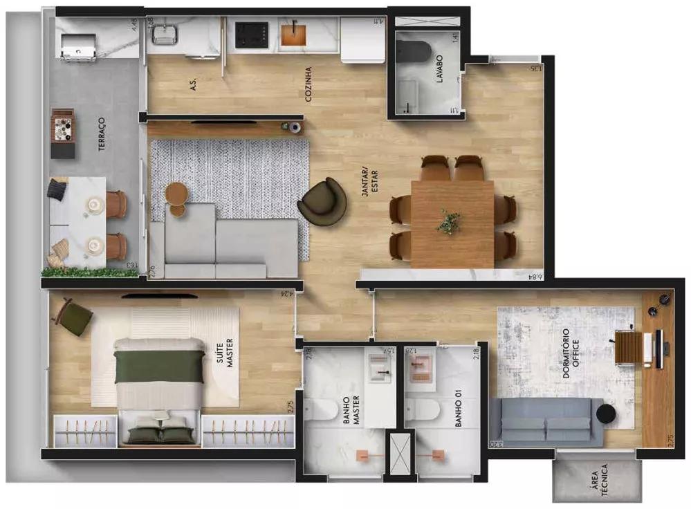 Planta do apartamento 76,37m² do Mood Cambui