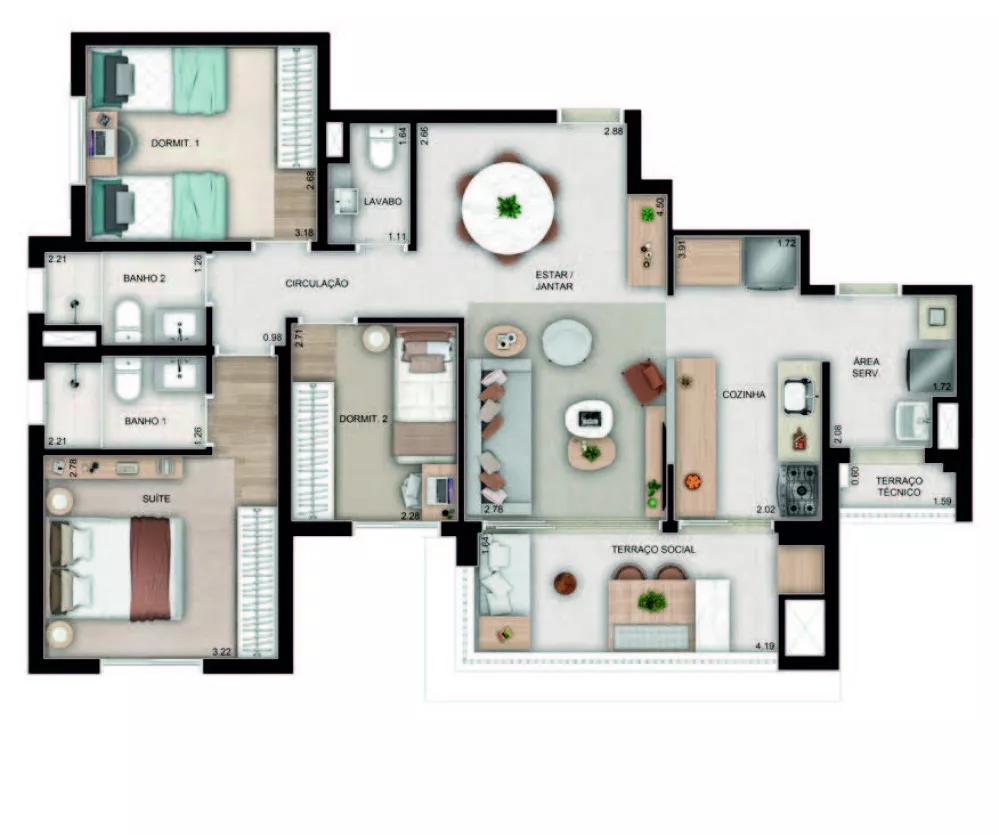 Planta do apartamento 85m² do Luce Cambuí