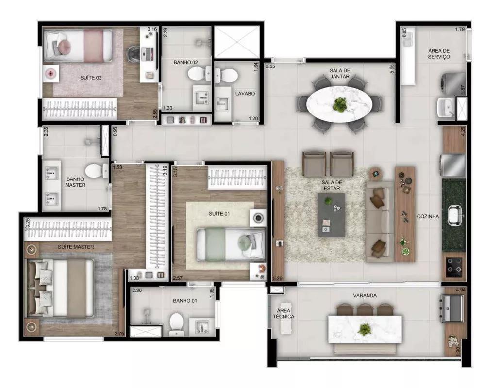 Planta do apartamento de 104m² do Wide Nova Campinas