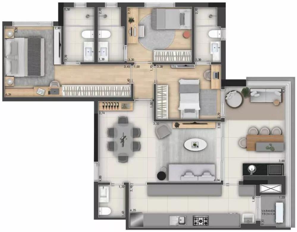 Planta do apartamento de 115m² do Grand Paysage