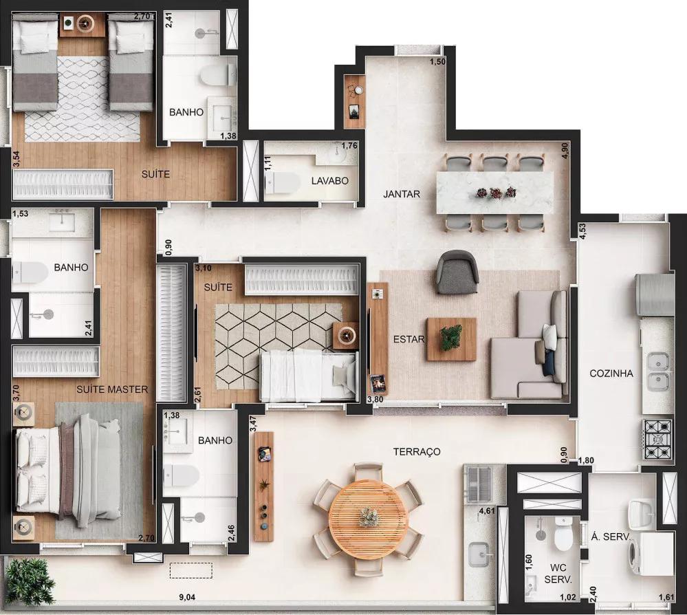 Planta do apartamento de 126m² do Yard Cambuí