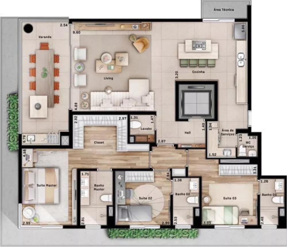 Planta do apartamento de 156m²  do Veter Cambuí