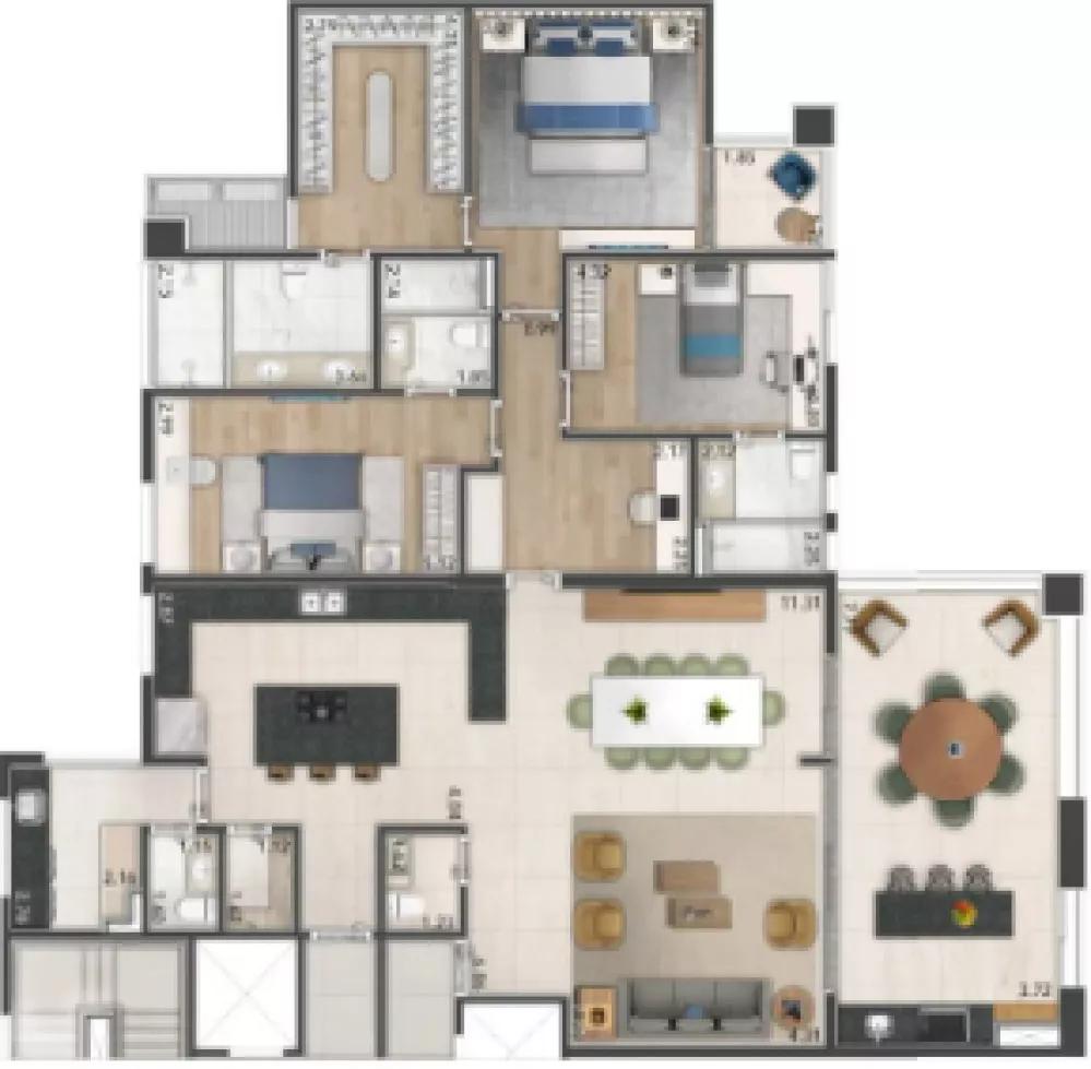 Planta do apartamento de 221m² do Bougainville - Fase 1