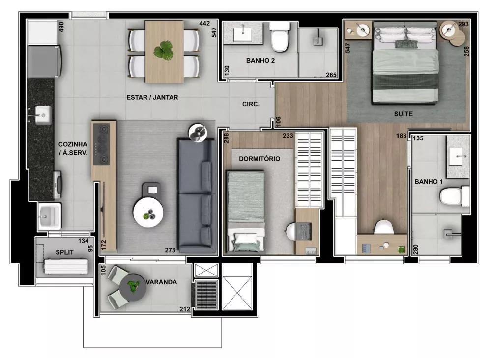 Planta do Apartamento de 68m² do Tay Campinas