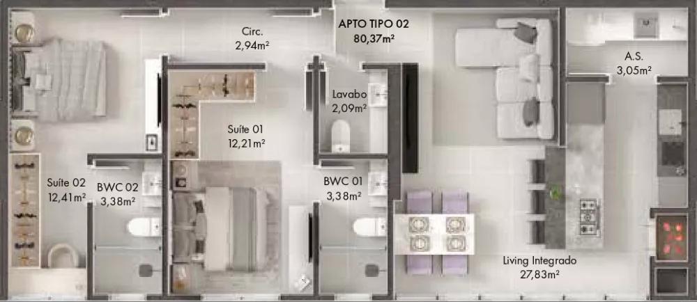 Planta do apartamento de 80m² do Ávira