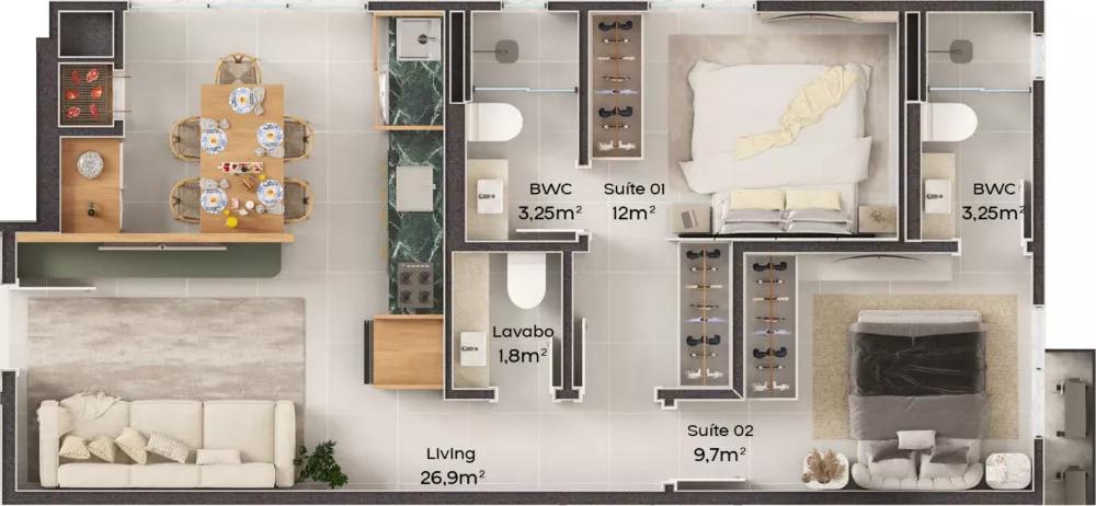 Planta do apartamento de 66m² do Due Fiori