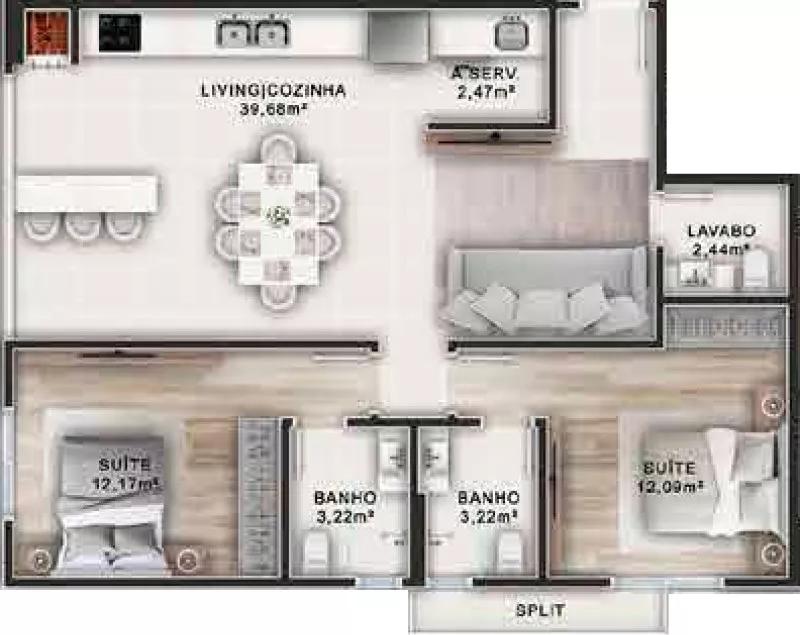 Planta do apartamento de 80m² do Le Parc