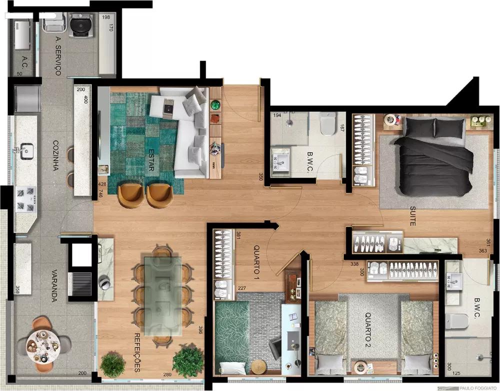 Planta do apartamento de 97m² do Cortina D'Ampezzo Residence