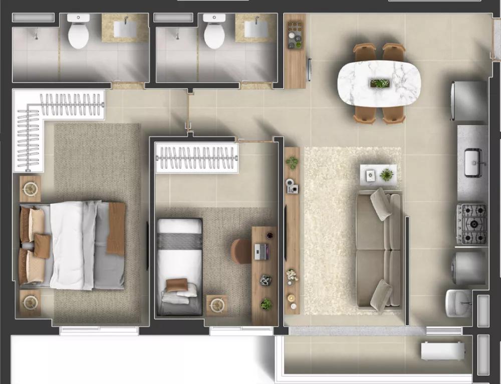 Planta do apartamento de 62m² do Envolt Biophilic Home