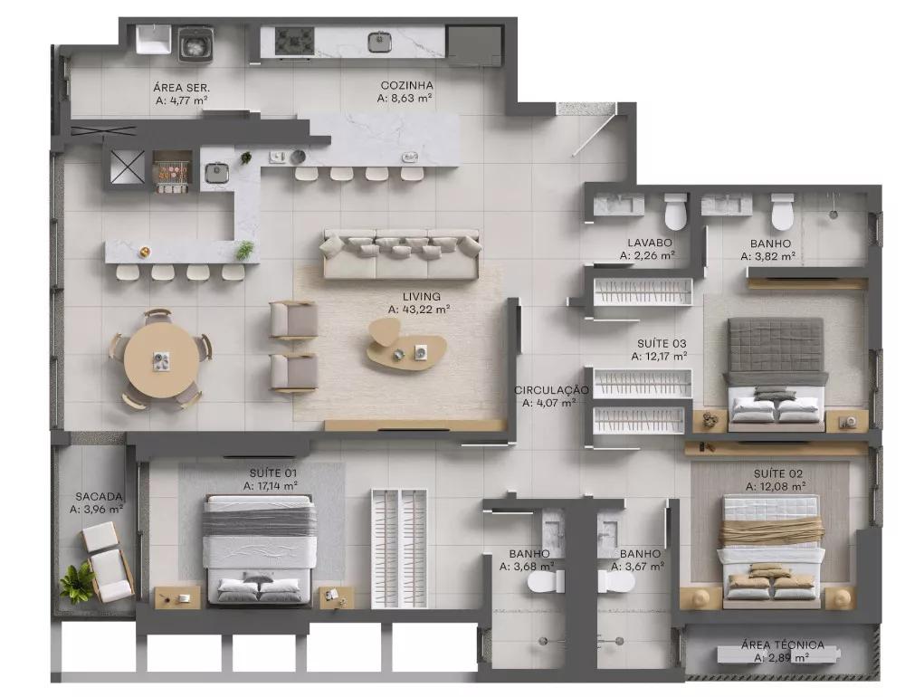 Planta do apartamento de 143m² do Clarté