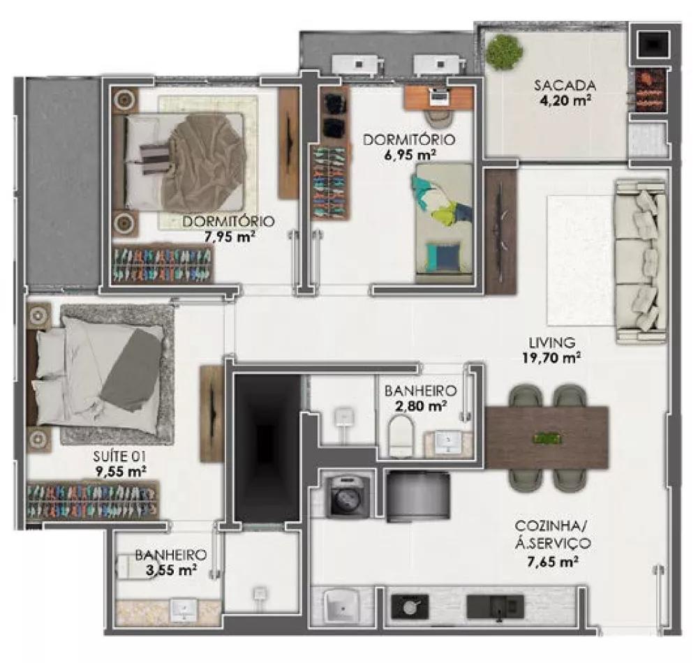 Planta do apartamento de 70m² do Windsor Towers