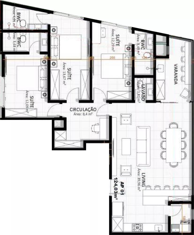 Planta de 123m² do Positanni