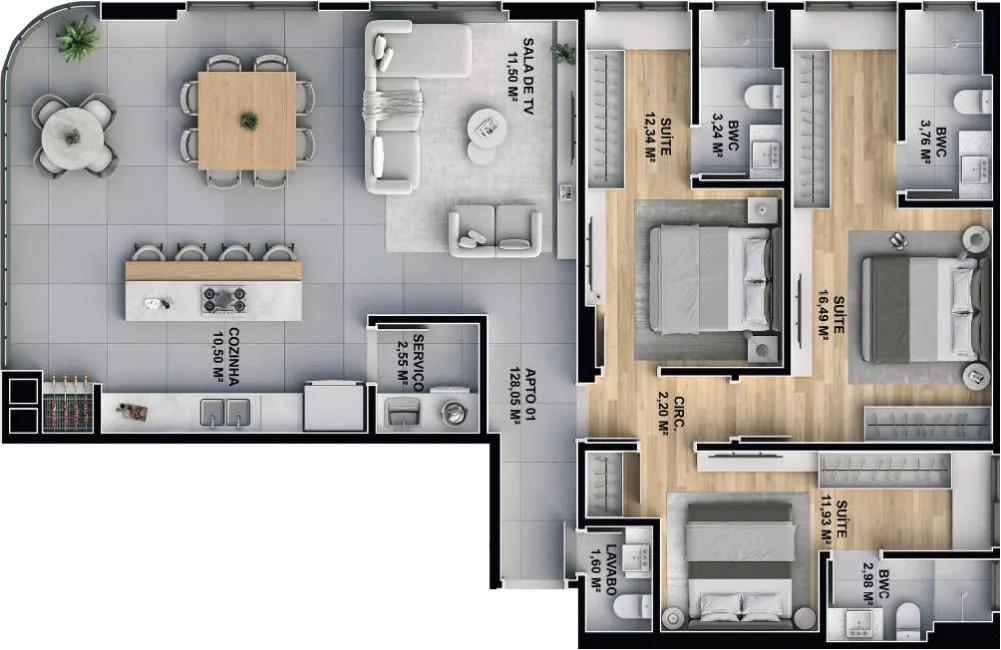 Planta do apartamento de 128m² do Avra Residence