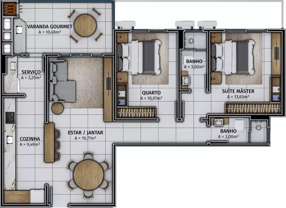 Planta do apartamento de 89m² do Sophia Residencial