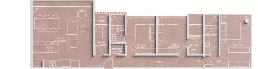 Planta do apartamento de 118m² do Vokkan Videiras