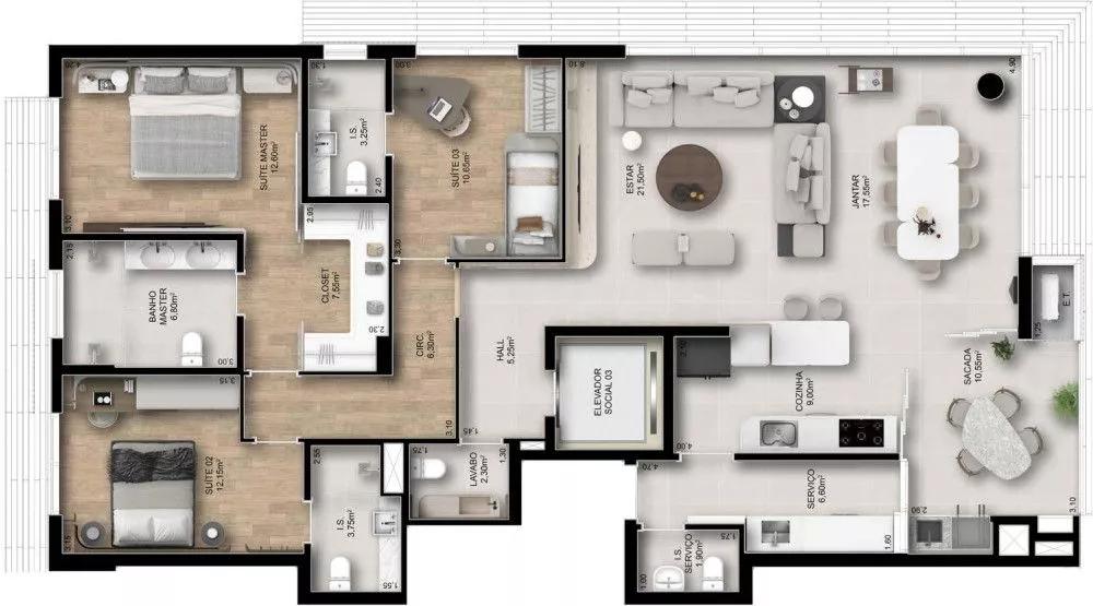 Planta do Apartamento de 164m² do Uma Batel