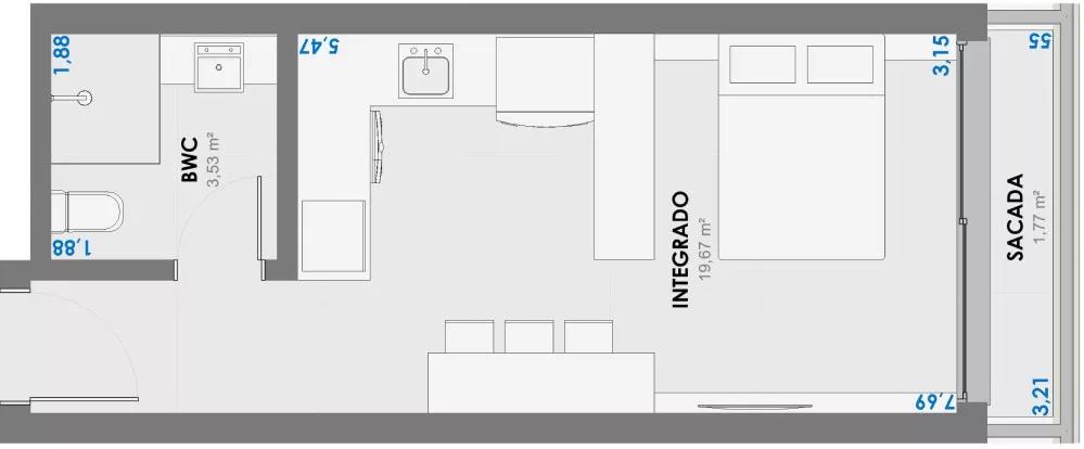 Planta do apartamento de 30,15m³ do Luminous Jurerê