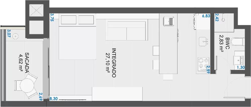 Planta de 41m² do Centra Park Jurerê