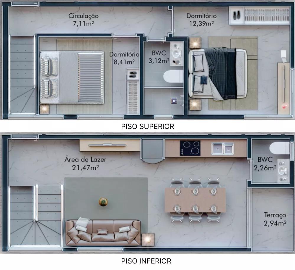 Planta de 68m² do Paradise Residence