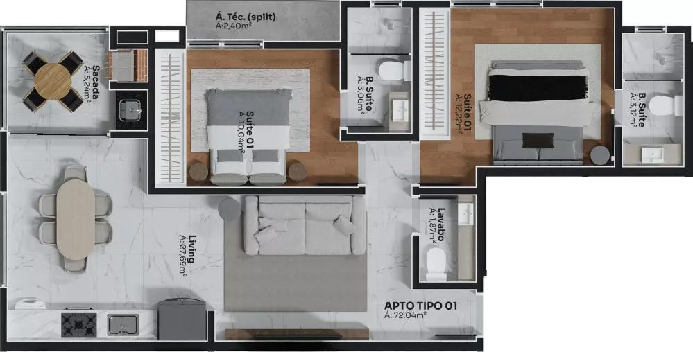 Planta do apartamento de 72m² do ANK 932