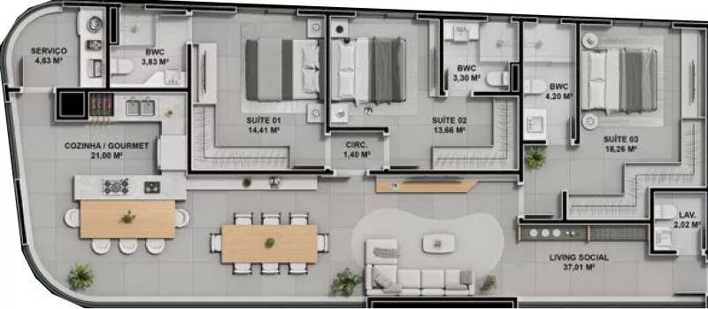 Planta do apartamento de 140m² do Landscape